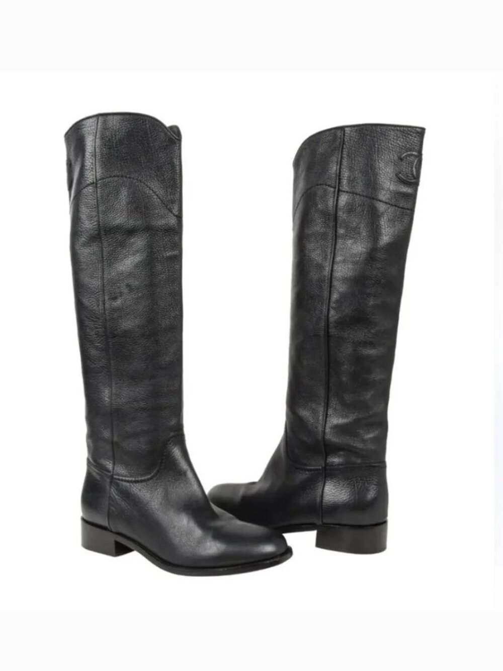Chanel tall black ascot pebbled leather tall riding boots 35.5
